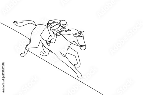 Single continuous line drawing young jockey on horse. Racing horse with jockey. Champion. Horse riding. Equestrian sport. Jockey riding jumping horse. One line draw graphic design vector illustration
