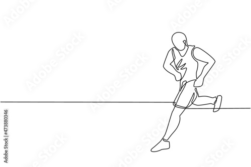 Single continuous line drawing muscular adult man running or jogging. Workout exercise. Marathon athlete doing sprint outdoor. Sportive man. Sport, training, run. One line draw graphic design vector