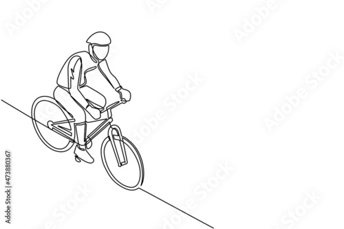 Continuous one line drawing Man in helmet and sportswear on a bicycle. A lone cyclist rides a bicycle on the road. An adult man in a helmet rides a bicycle on the road. Single line draw design vector
