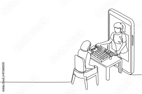 Continuous one line drawing online chess education concept. Two woman sitting at table with chessboard. Teacher shows how to play from smartphone. Single line draw design vector graphic illustration