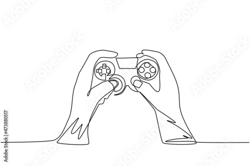 Single continuous line drawing young man hands holding video game console. Gamer holding in hand gamepad. Man playing video game. Leisure time at home. One line draw graphic design vector illustration