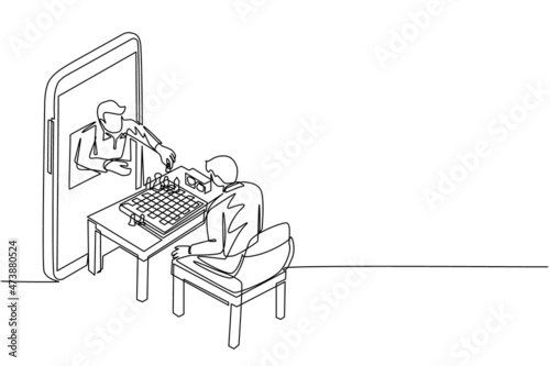Continuous one line drawing online chess education concept. Two young man sitting at table with chessboard. Teacher shows how to play from smartphone. Single line draw design vector illustration