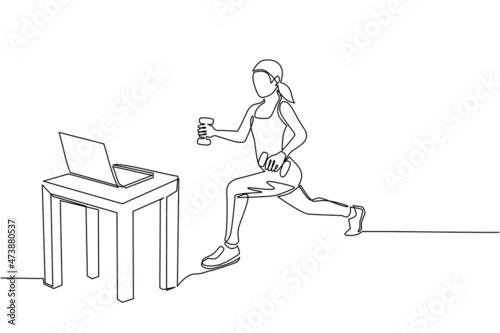 Continuous one line drawing woman doing fitness at home in online classes using her laptop. Fitness online course concept. Online sports training on laptop. Single line draw design vector illustration