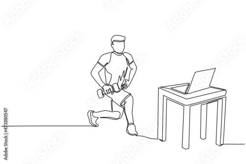 Single one line drawing man doing fitness at home in online classes using his laptop. Fitness online course concept. Online sports training on laptop. Modern continuous line draw design graphic vector
