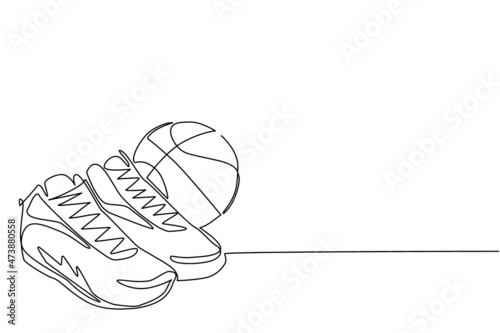 Single one line drawing basketball shoes and basketball balls. Basketball ball and boots. Sports inventory. For sport store ad, app pictogram, infographics. Continuous line draw design graphic vector