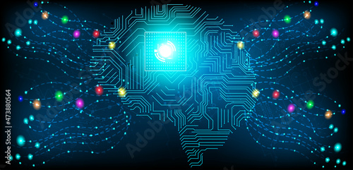 Abstract human head with a line brain network.circle and electricity with blue electronic cycle.Digital data,ai,ascience.Vector Technology background and Artificial intelligence concept.