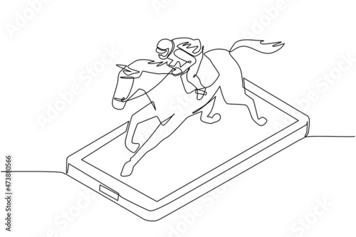 Continuous one line drawing young man riding horse on smartphone screen. Racing horse with jockey. Equestrian sport. Jockey riding jumping horse. Single line draw design vector graphic illustration