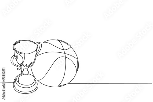 Single one line drawing trophy and basketball ball. Champion cup icon with basketball. Championship trophy. Sport tournament award, winner cup and victory concept. Continuous line draw design vector