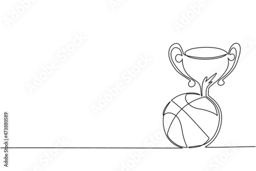 Single one line drawing trophy and basketball ball. Champion cup icon with basketball. Championship trophy. Sport tournament award, winner cup and victory concept. Continuous line draw design vector