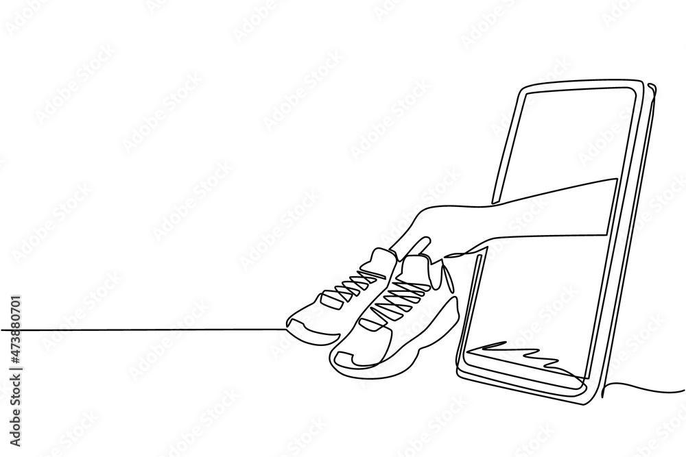 Single one line drawing basketball shoes in hand coming out from smartphone screen. Mobile basketball. Online basketball game with live mobile app. Continuous line draw design vector illustration Single one line drawing basketball shoes in hand coming out from smartphone screen. Mobile basketball. Online basketball game with live mobile app. Continuous line draw design vector illustration