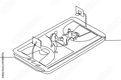 Single one line drawing basketball court with two players on smartphone screen. Online basketball game, mobile e-sport. Online basketball game with live mobile app. Continuous line draw design vector