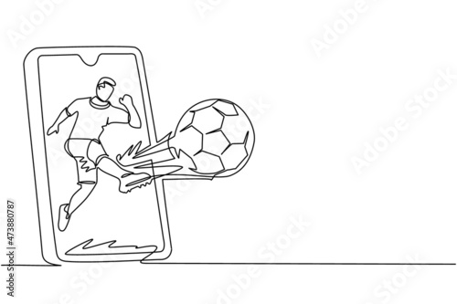 Single continuous line drawing soccer player shooting ball and getting out of smartphone screen. Mobile sports play match. Online soccer game with live mobile app. One line draw graphic design vector