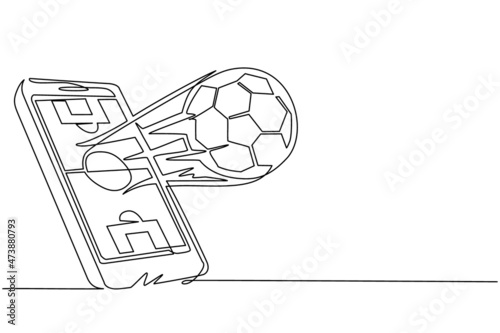 Continuous one line drawing smartphone with app soccer football and ball. Mobile sport stream championship. Online football games. Mobile football. Single line draw design vector graphic illustration