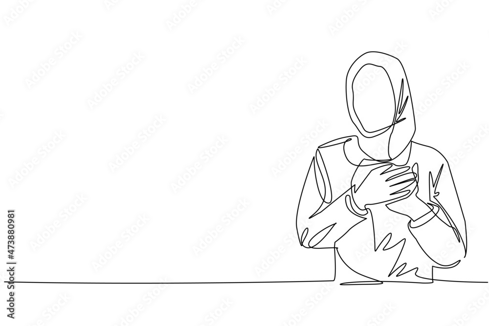 Single continuous line drawing Arabian woman keeping hands on chest. Female suffering from chest pain or heart attack. Health care concept. Emotion, body language. One line draw graphic design vector Single continuous line drawing Arabian woman keeping hands on chest. Female suffering from chest pain or heart attack. Health care concept. Emotion, body language. One line draw graphic design vector
