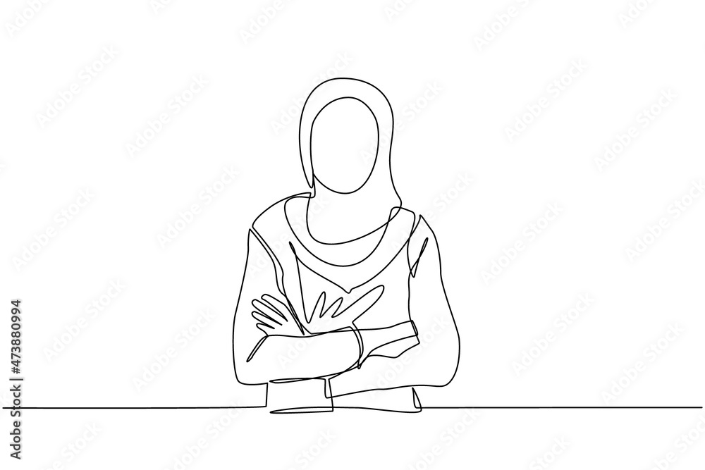 Continuous one line drawing smiling confident Arabian woman in hijab, keeping arms crossed. Active businesswoman standing with folded arms pose. Single line draw design vector graphic illustration Continuous one line drawing smiling confident Arabian woman in hijab, keeping arms crossed. Active businesswoman standing with folded arms pose. Single line draw design vector graphic illustration