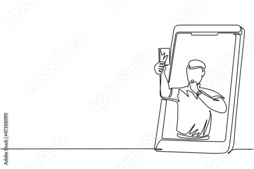 Continuous one line drawing soccer referee showing yellow card out of smartphone screen. Smartphone with app soccer football. Mobile sports stream championship to play. Single line draw design vector