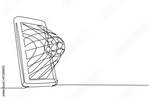 Continuous one line drawing goal scored in smartphone. Online football games. Smartphone application. Mobile football. Mobile sports stream championship to play. Single line draw design vector graphic