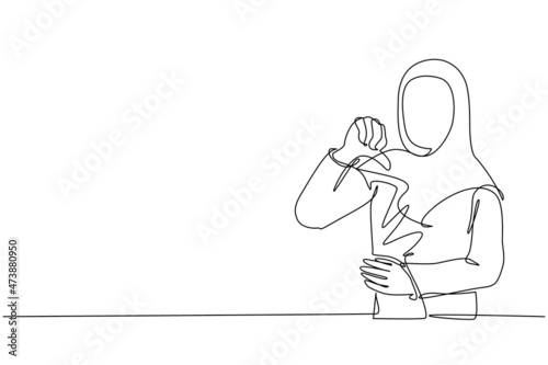 Continuous one line drawing unhappy young Arabian woman showing thumbs down sign gesture. Dislike, disagree, disappointment, disapprove, no deal. Emotion, body language. Single line draw design vector