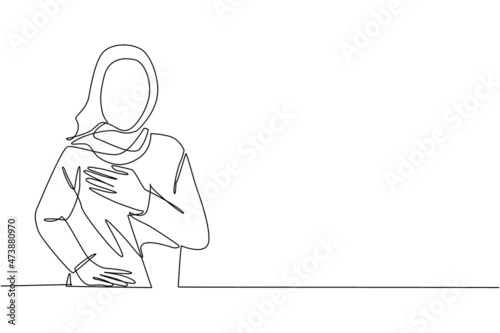 Single one line drawing young Arabic woman keeping hands on chest. Smiling friendly female expressing gratitude. Emotion, body language concept. Continuous line draw design graphic vector illustration