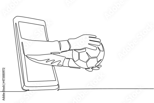 Single one line drawing goalkeeper hand holds soccer ball through mobile. Concept for online games, sports broadcasts. Smartphone with app soccer football. Continuous line draw design vector graphic