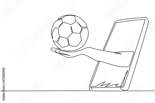 Single continuous line drawing hand holds soccer ball through smartphone. Concept for online games, sports broadcasts. Online football games. Dynamic one line draw graphic design vector illustration