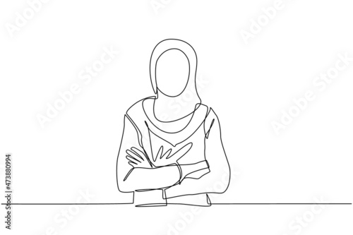 Continuous one line drawing smiling confident Arabian woman in hijab, keeping arms crossed. Active businesswoman standing with folded arms pose. Single line draw design vector graphic illustration