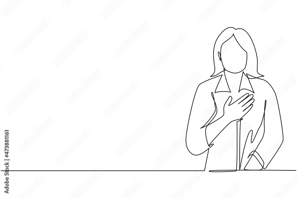 Single one line drawing young woman keeping hands on chest. Smiling friendly female expressing gratitude. Emotion, body language concept. Modern continuous line draw design graphic vector illustration