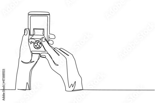 Continuous one line drawing football soccer live online application on stadium background. Smartphone with app soccer football. Mobile sport stream championship to play. Single line draw design vector