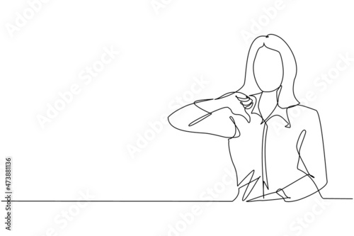 Single one line drawing unhappy young woman showing thumbs down sign gesture. Dislike, disagree, disappointment, disapprove, no deal. Emotion, body language concept. Continuous line draw design vector