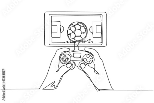 Single continuous line drawing smartphone connected with gamepad and playing football games. Online football games. Smartphone applications. Mobile football. One line draw design vector illustration