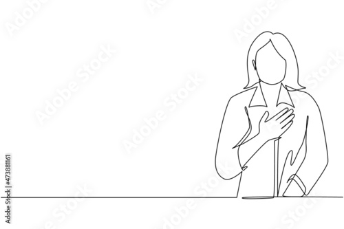 Single one line drawing young woman keeping hands on chest. Smiling friendly female expressing gratitude. Emotion, body language concept. Modern continuous line draw design graphic vector illustration