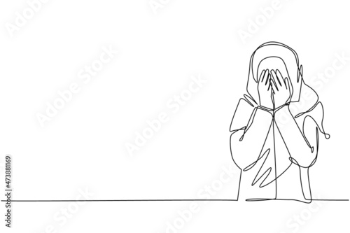 Single continuous line drawing young Arabian woman closes her eyes with her hands because of disgust and reluctance to see something, fear or sadness. One line draw graphic design vector illustration