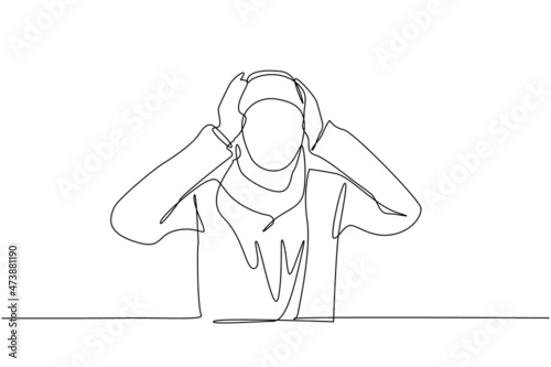 Single continuous line drawing Arabian woman covering or closing her ears with hands, making don't hear or listen gesture. Female does not want to hear or listen. One line draw graphic design vector