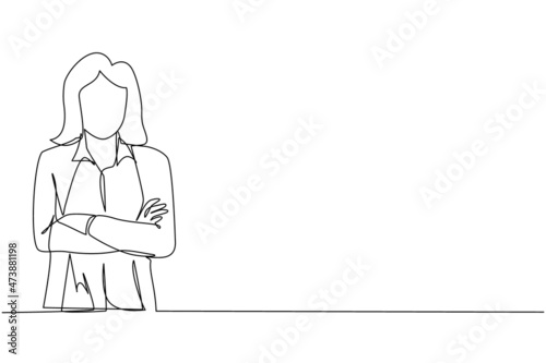 Single continuous line drawing smiling confident young woman in shirt, keeping arms crossed. Active businesswoman standing with folded arms pose. One line draw graphic design vector illustration
