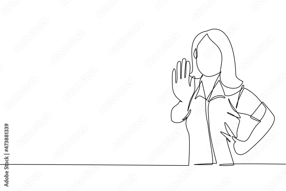 Single continuous line drawing young business woman showing palm