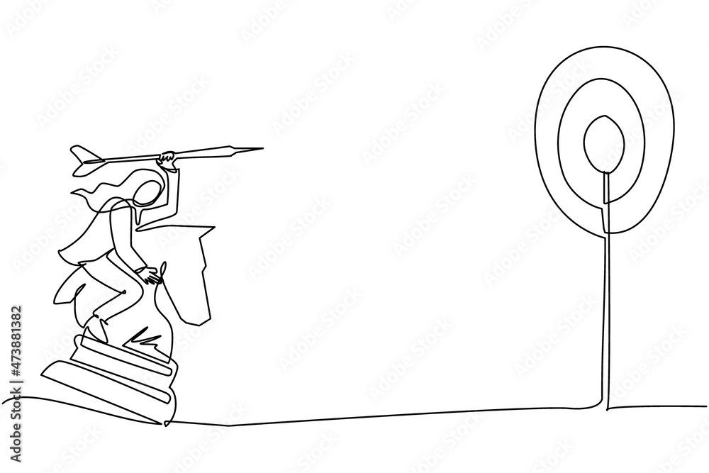 Fototapeta premium Single continuous line drawing Arabian businesswoman holding a dart arrow while riding chess knight piece, strategic concept. Success business manager. One line draw graphic design vector illustration