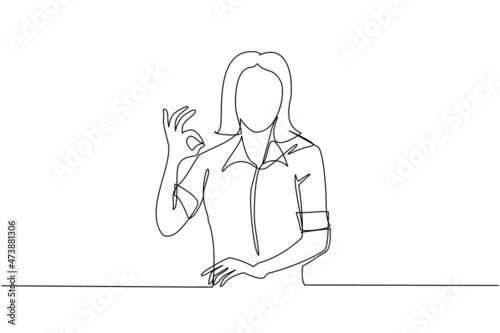 Single continuous line drawing woman in casual clothes gesturing ok sign. Okay sign, gesture language concept. Smiling female standing showing ok sign with fingers. One line draw graphic design vector