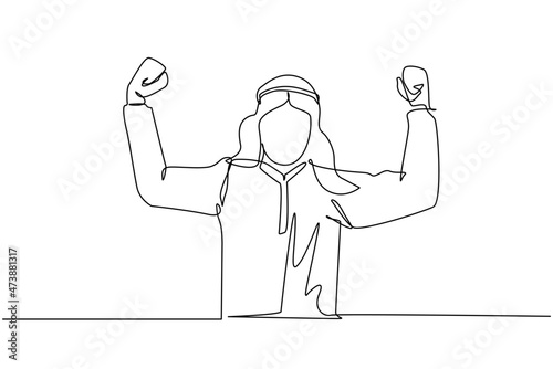 Single one line drawing happy Arabian male employee of company stands in strong pose. Businessman gestures hand. Office worker. Achievement concept. Continuous line draw design vector illustration