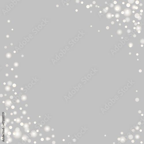 Glowing bokeh lights and magic sparkles frame. Abstract festive glow decoration with white confetti and blur dots. Jpeg holiday background