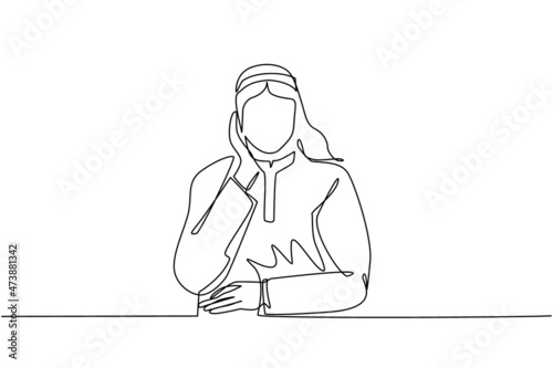 Continuous one line drawing young Arabian man holding hand on cheek with crossed hand. Bored or tired person keeping hand on face. Male suffering from toothache. Single line draw design vector graphic