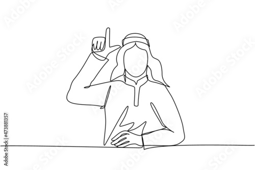 Single one line drawing unhappy Arabian man showing loser sign on forehead with fingers. Stressed trendy person gesturing hand over head. Male making 'L' symbol. Continuous line draw design vector