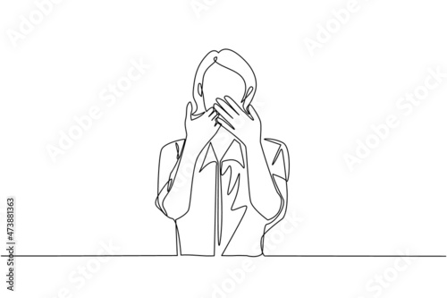 Single one line drawing young woman covering mouth with hands. Female mouth with hand shocked with shame for mistake, expression of fear, scared in silence, secret. Continuous line draw design vector