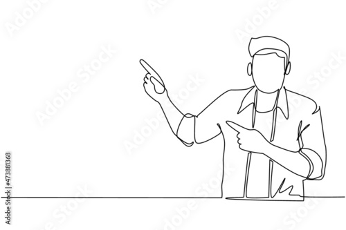 Single one line drawing young man pointing away hands together and showing or presenting something while standing and smiling. Emotion and body language. Continuous line draw design graphic vector