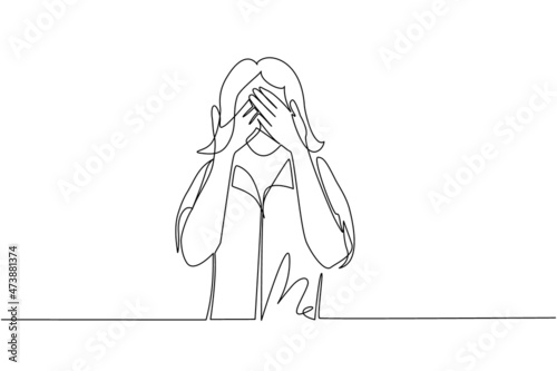 Single continuous line drawing young woman closes his eyes with her hands because of disgust and reluctance to see something, fear or sadness isolated. One line draw graphic design vector illustration photo