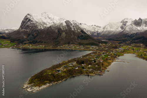 Aerial view. Neverdal is a village in Meløy municipality in Nordland and has about 800 inhabitants. The place is located by county road 17 about 7 km south east of Ørnes. Norway. © Ondrej Novotny