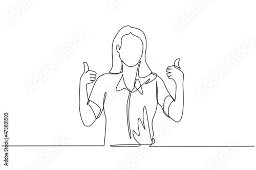 Single one line drawing confident businesswoman thumbs up. Excited female dressed in casual wear showing thumbs up sign. Deal, like, agree, approve, accept. Continuous line draw design graphic vector