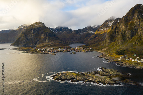Aerial view of Å i Lofoten. Cloudy weather with beautiful atmosphere. Panoramatic view.
