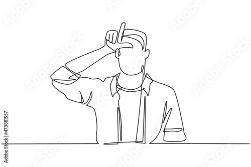 Single continuous line drawing unhappy man showing loser sign on forehead with fingers. Stressed trendy person gesturing hand over head. Male making 'L' symbol. One line draw graphic design vector photo
