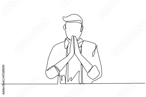 Single one line drawing young man in closed eyes praying hands together. Trendy person holding palms in prayer. Human emotion, body language. Continuous line draw design graphic vector illustration