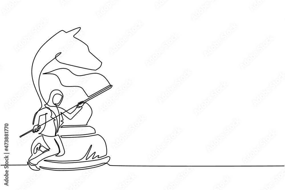 Single one line drawing Arab businesswoman running and holding flag beside big horse knight chess. Business achievement goal, metaphor concept. Continuous line draw design graphic vector illustration